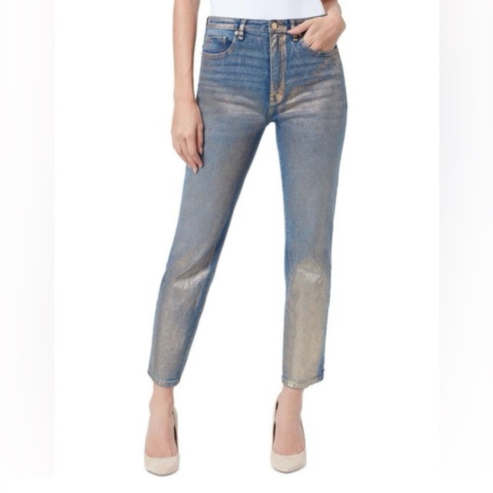 Sam Edelman Blue and Gold Metallic High-rise Straight Leg Jeans